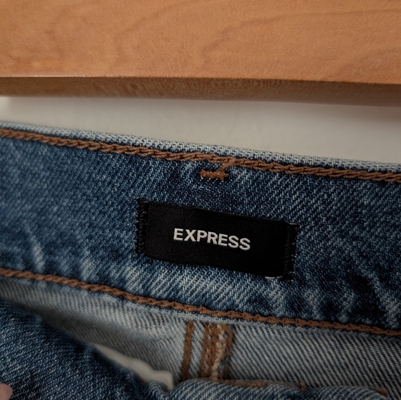 Express Blue Indigo Denim Gold Tone Horsebit Cut Off Raw Hem Jean Mini Skirt - Picture 3 of 7